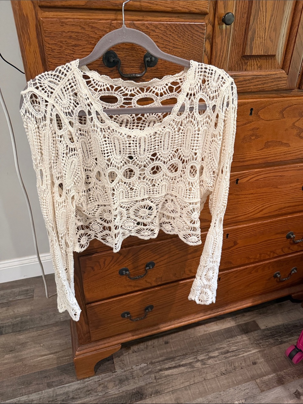 Women's Cream Crochet Long-Sleeve Top